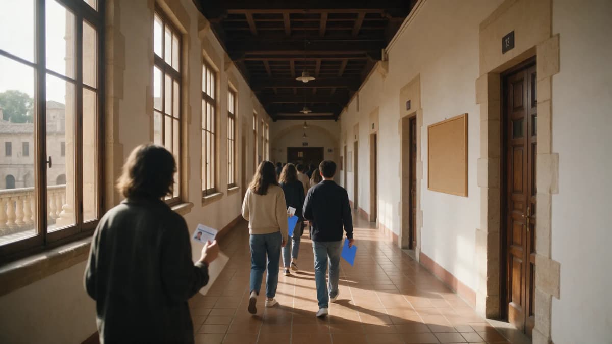Opositores de espaldas accediendo a un aula universitaria el día del examen de Tramitación Procesal 2026