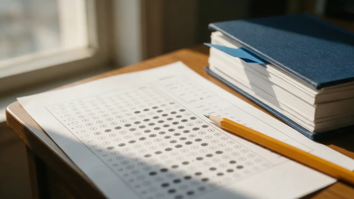 Plantilla de respuestas del examen de Auxilio Judicial con lápiz y códigos sobre una mesa de estudio
