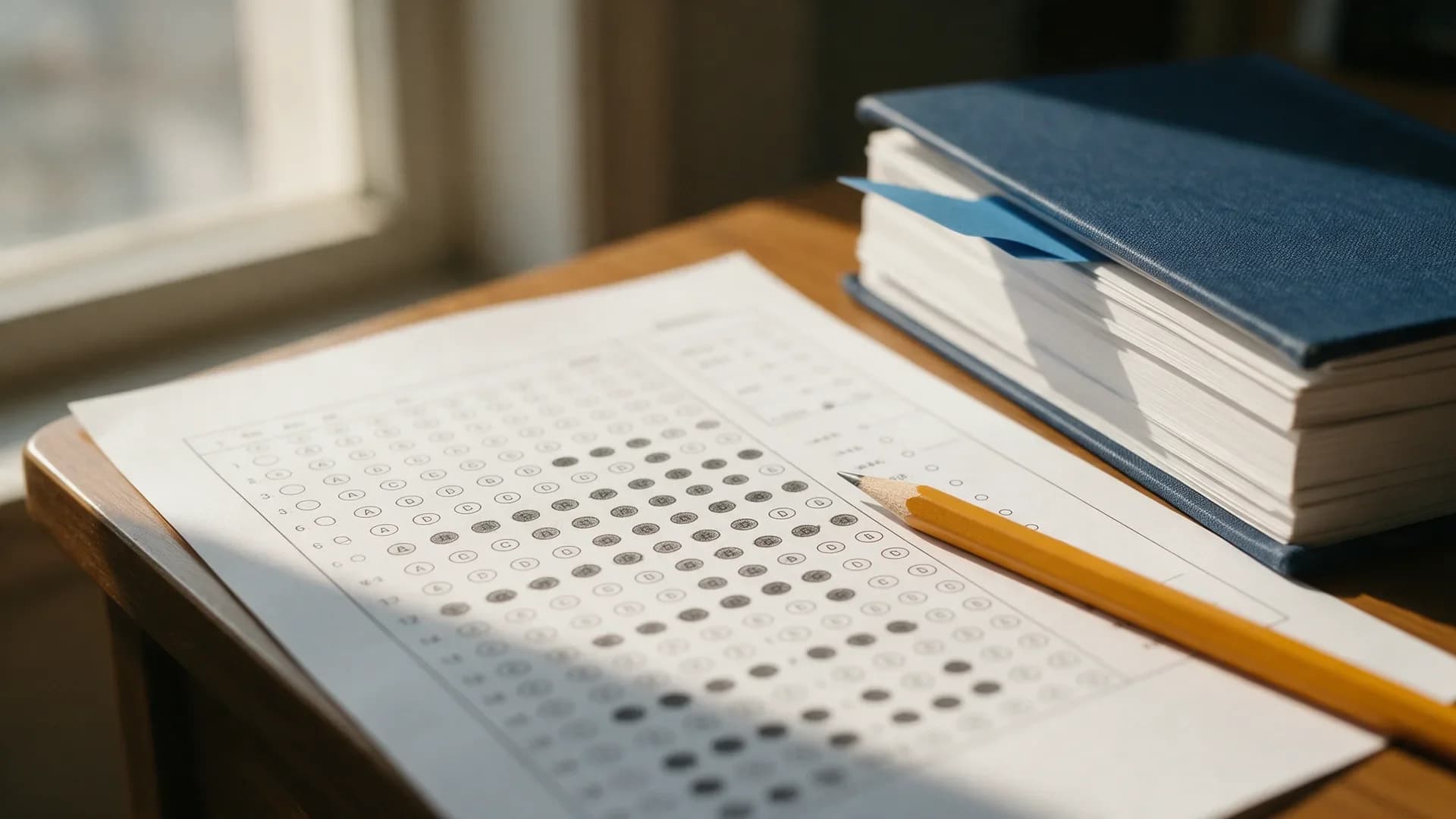 Plantilla de respuestas del examen de Auxilio Judicial con lápiz y códigos sobre una mesa de estudio