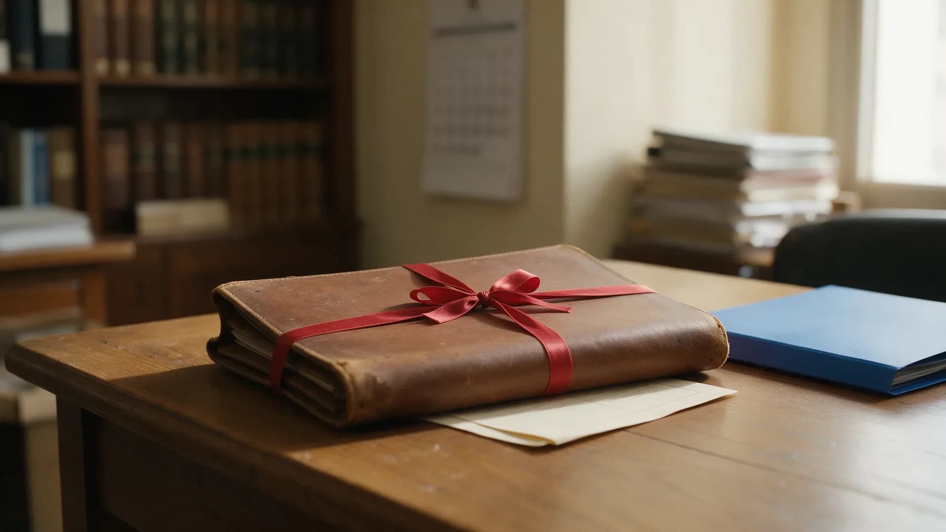 Expediente judicial atado con cinta roja, plantilla oficial del examen de Gestión Procesal