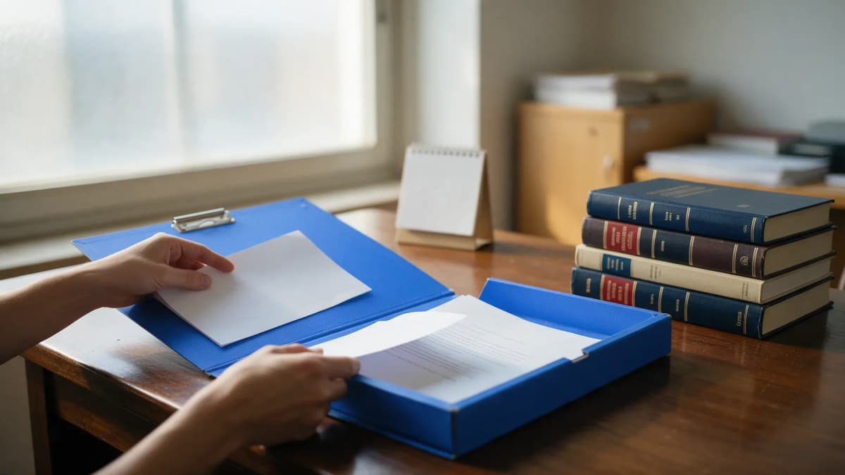 Documento oficial entregado en una carpeta azul, símbolo de la plantilla del examen de Tramitación Procesal