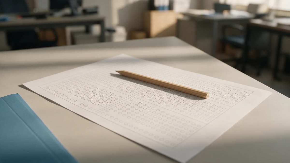 Hoja de respuestas tipo test en blanco y lápiz, plantilla oficial del examen de Auxilio Judicial