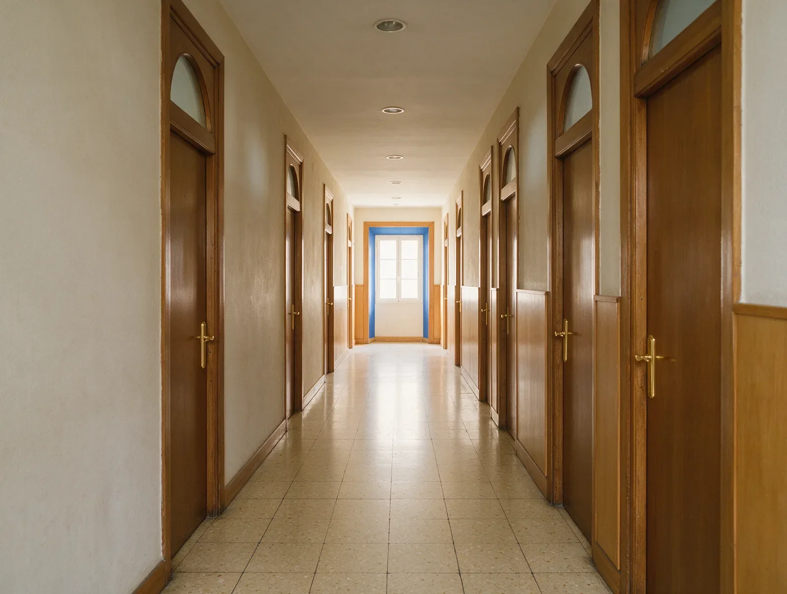 Pasillo de aulas vacío que representa el edificio donde se ubica cada aula de examen