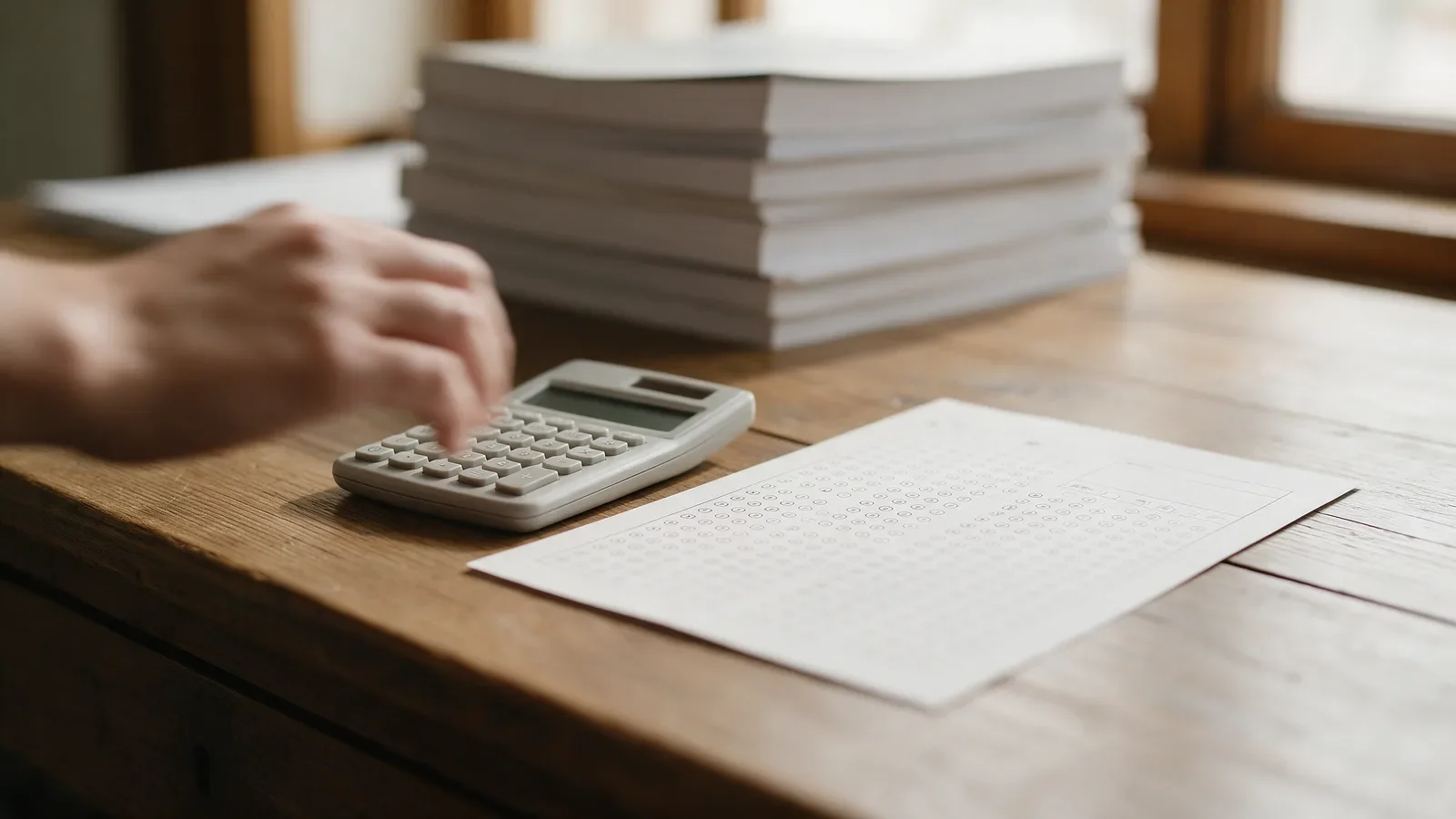 Calculadora y hoja de respuestas tipo test sobre una mesa de estudio para calcular la puntuación