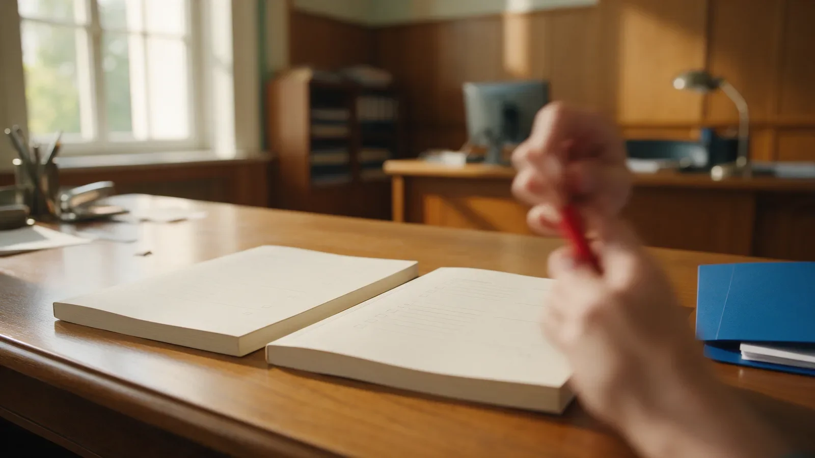 Manos comparando dos cuadernillos de examen en blanco sobre una mesa de madera