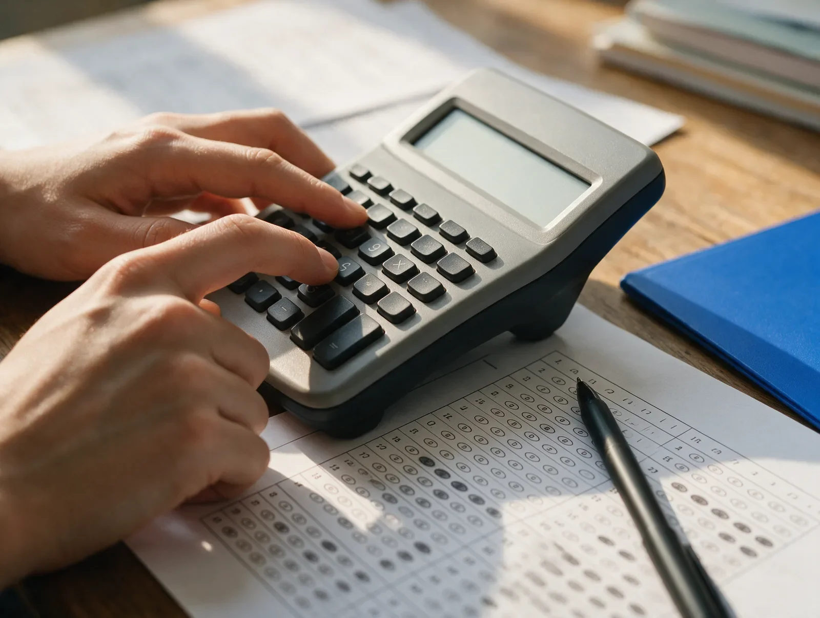 Cálculo de la puntuación del examen con calculadora sobre una hoja de respuestas tipo test