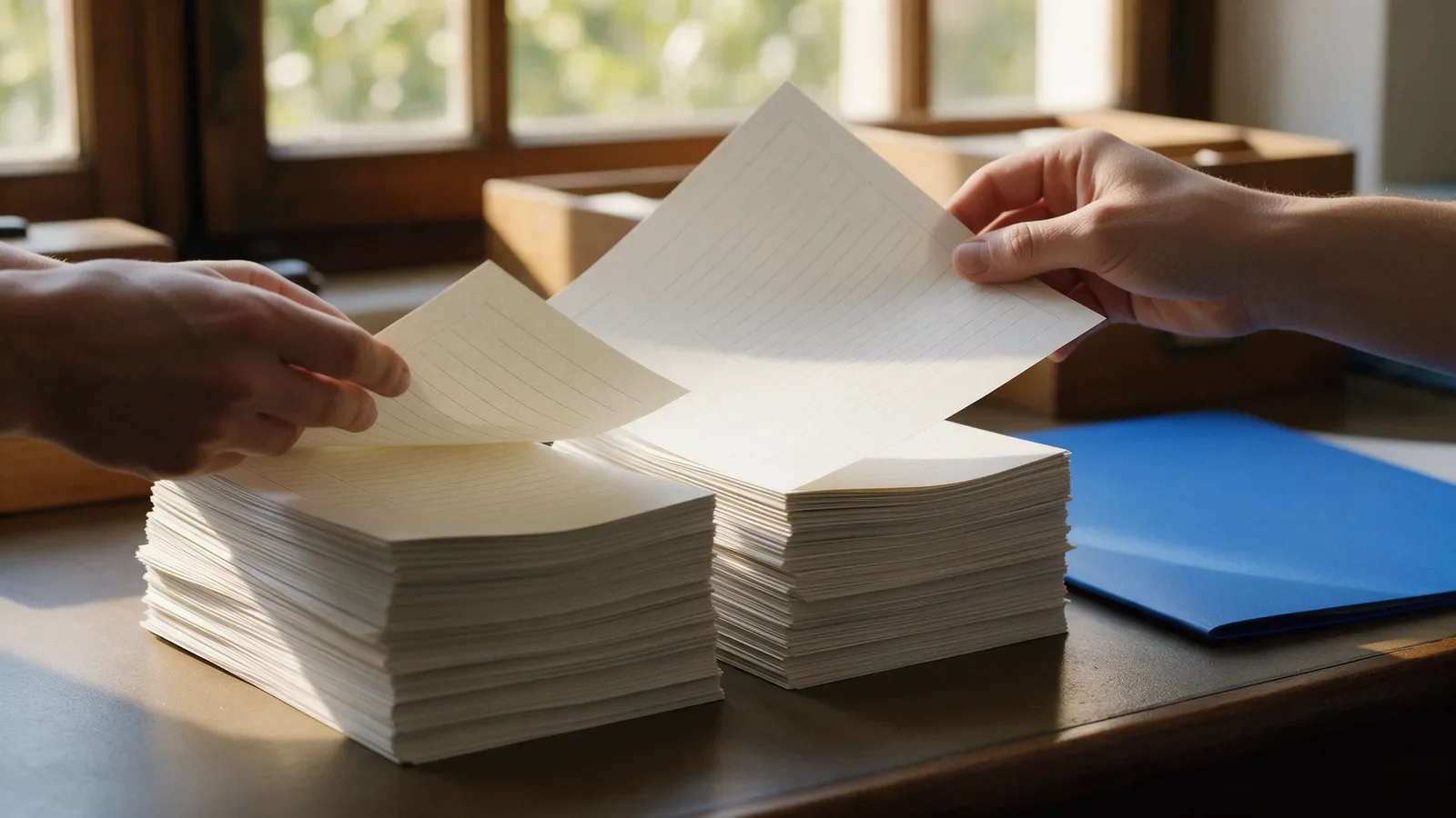 Comparación de dos pilas de hojas de examen sobre un escritorio, como los modelos A y B