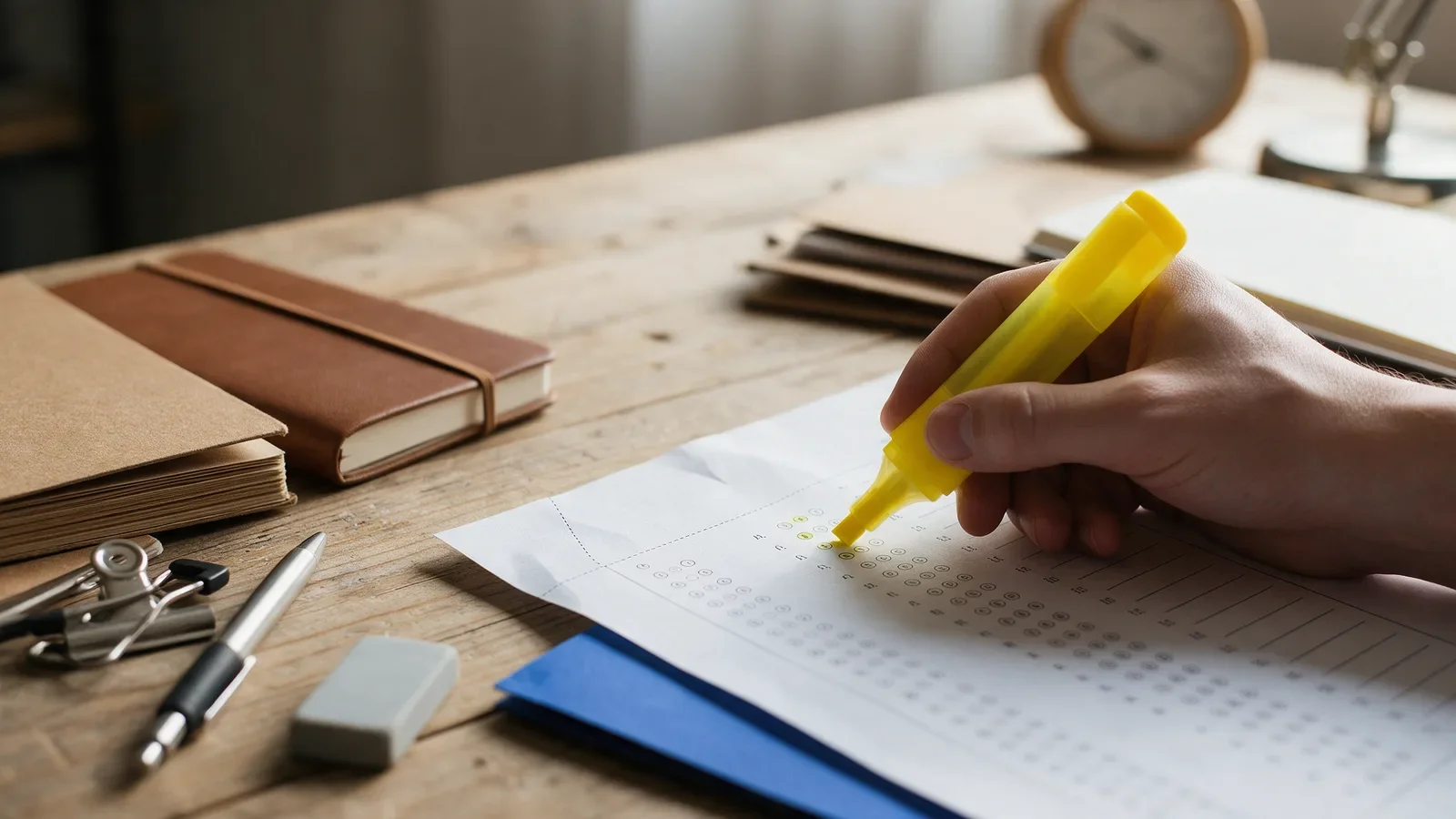 Corrección con rotulador de una hoja de respuestas tipo test sobre un escritorio de estudio