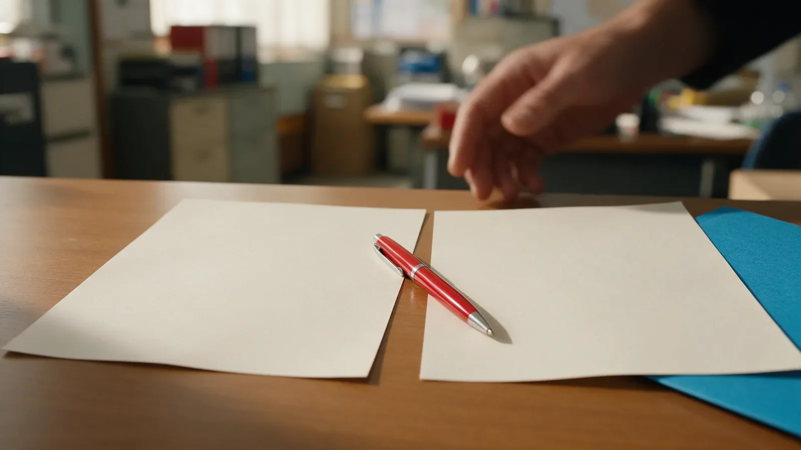 Dos hojas en blanco y un bolígrafo rojo sobre una mesa, comparando las plantillas del examen